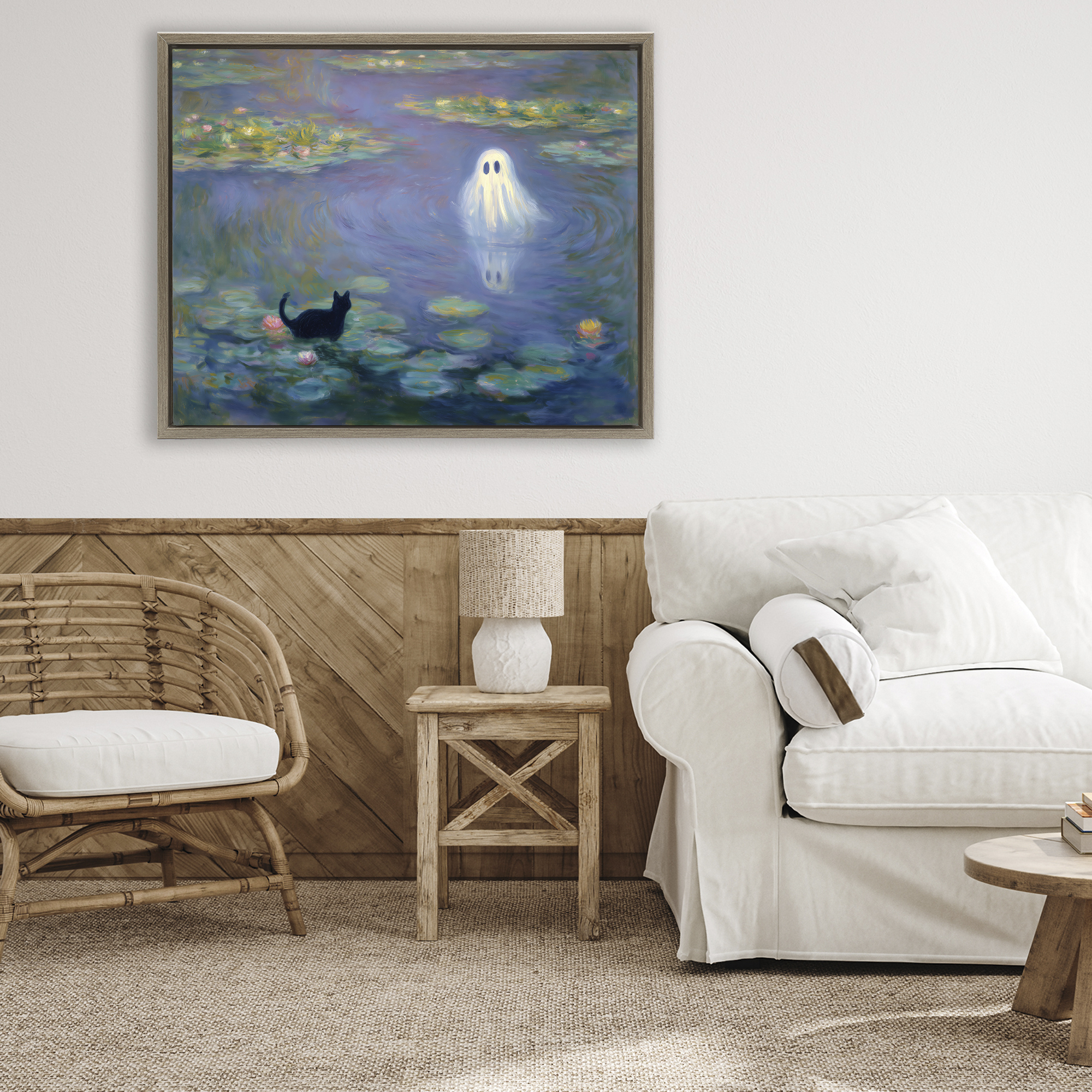 Water Lilies with Ghost & Kitty Brown Framed Floater Canvas Wall Art, design by Arlington Prints