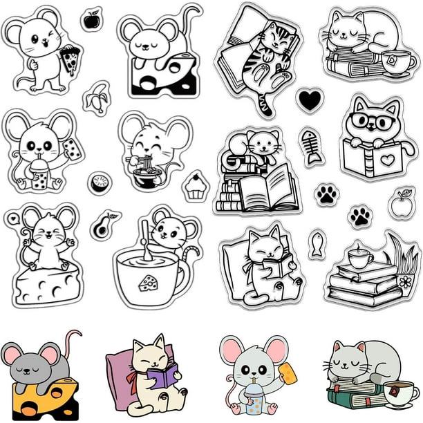 Sellos transparentes de silicona con diseño de gato, ratón y gatito (2 estilos). Reutilizables. Fondo para sellos postales.