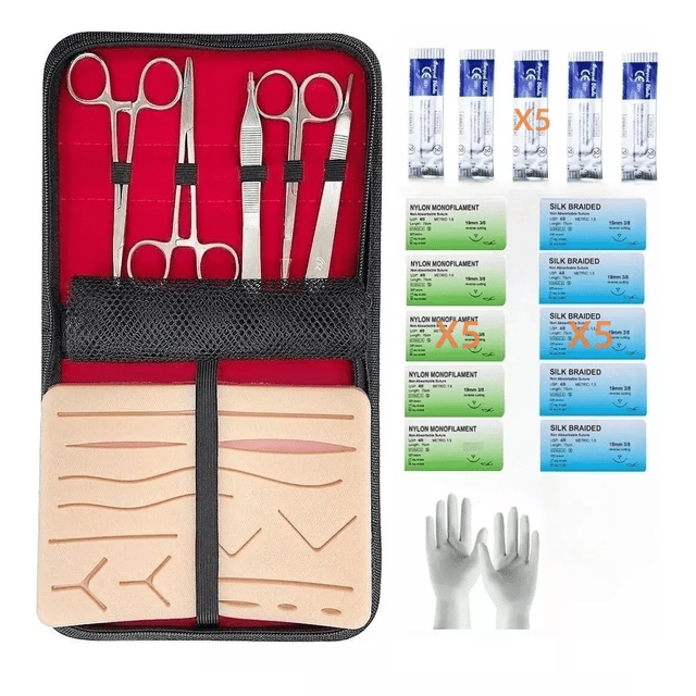 Kit De Sutura Equipo De Sutura Pad Suturas Quirurgicas 18 pzs estuche rojo