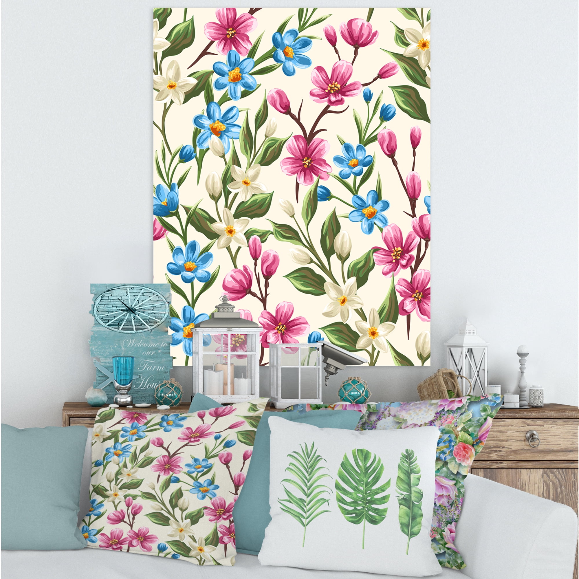 Designart ' Vintage Blue and Pink Wildflowers ' Traditional Canvas Wall Art Print