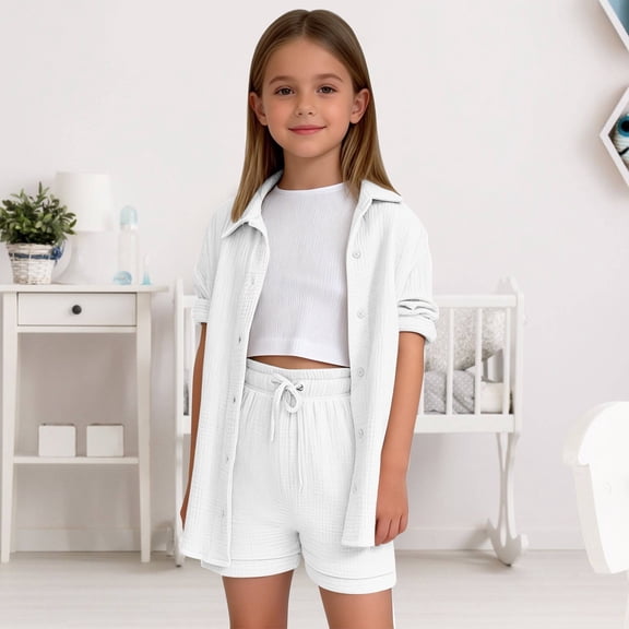 2 Piece Sets for Girls Summer Lounge Set Kids Oversized Button Down Short Sleeve Shirt Matching Shorts Vacation Outfits (White, 8-9 Years)