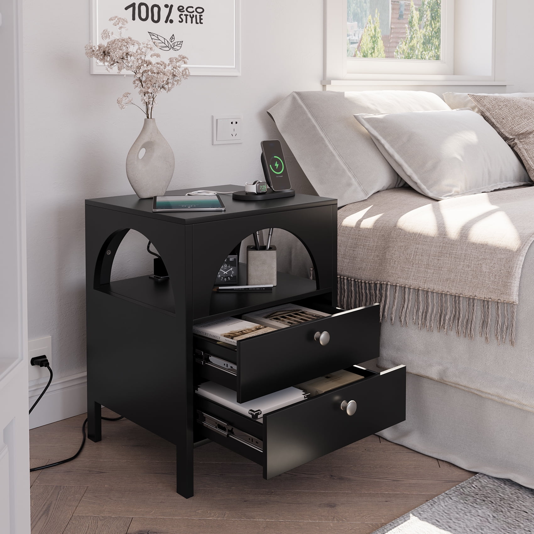 Semiocthome Modern Nightstand with Charging Station 2 Drawer,Bedside Table with USB Port,Black,Adult