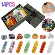 SKYAUKS 14pcs Healing Stones Set, Chakra Crystal Kit Natural Therapy Stone w/Gift Box Include 7 Raw Tumbled Chakra Stones & 7 Hexagonal Pendant Wand Points for Necklace Jewelry Making, Meditation Yoga