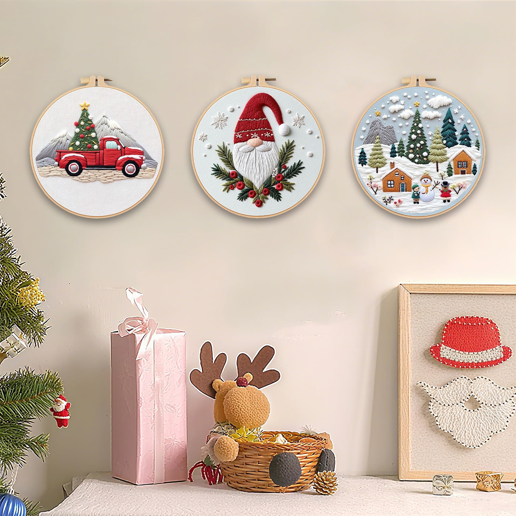 HVEST 3 Pack Christmas Embroidery Kit for Beginners - Xmas Tree & Gnome with Embroidery Pattern, Hoop, Complete Cross Stitch Supplies (Needle/Threads/Scissors) DIY Craft for Adults Sewing Hobby