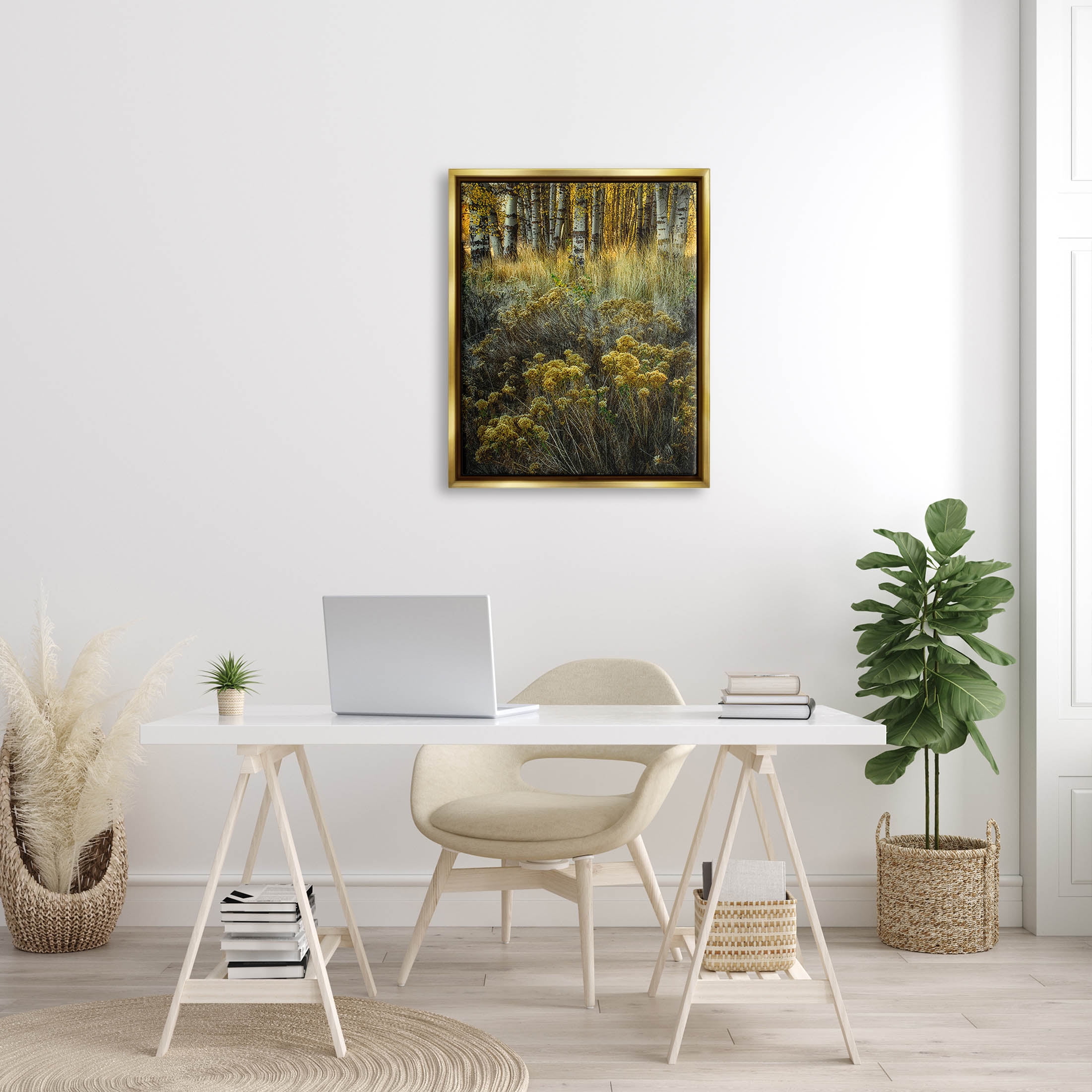 Stupell Industries Woodland Wildlife Plants Yellow Blossoms Photograph Metallic Gold Floating Framed Canvas Print Wall Art, Design by David Lorenz