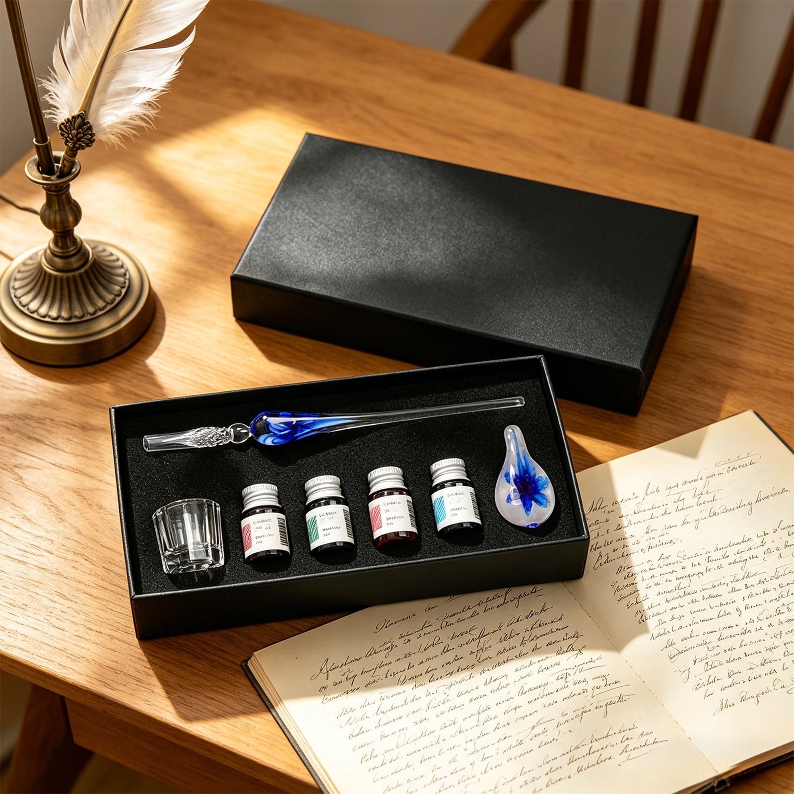 Xheghe Crystal Glass Pen Set with Ink Bottles, Brush Washing Cup & Pen Rack - Ideal Gift for Writers and Professionals