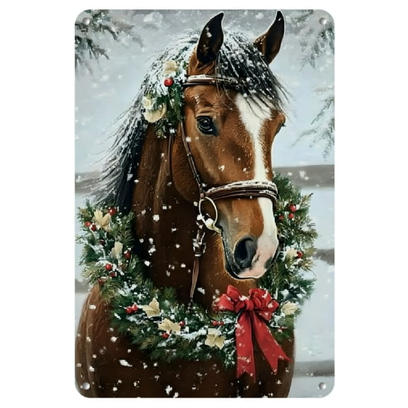 1pc Charming Vintage Horse Metal Sign with Snowy Mane Sign, Perfect for Christmas & Holiday Decor, Ideal for Home, Cafe, Bar, or Garden, 8x12 Inch