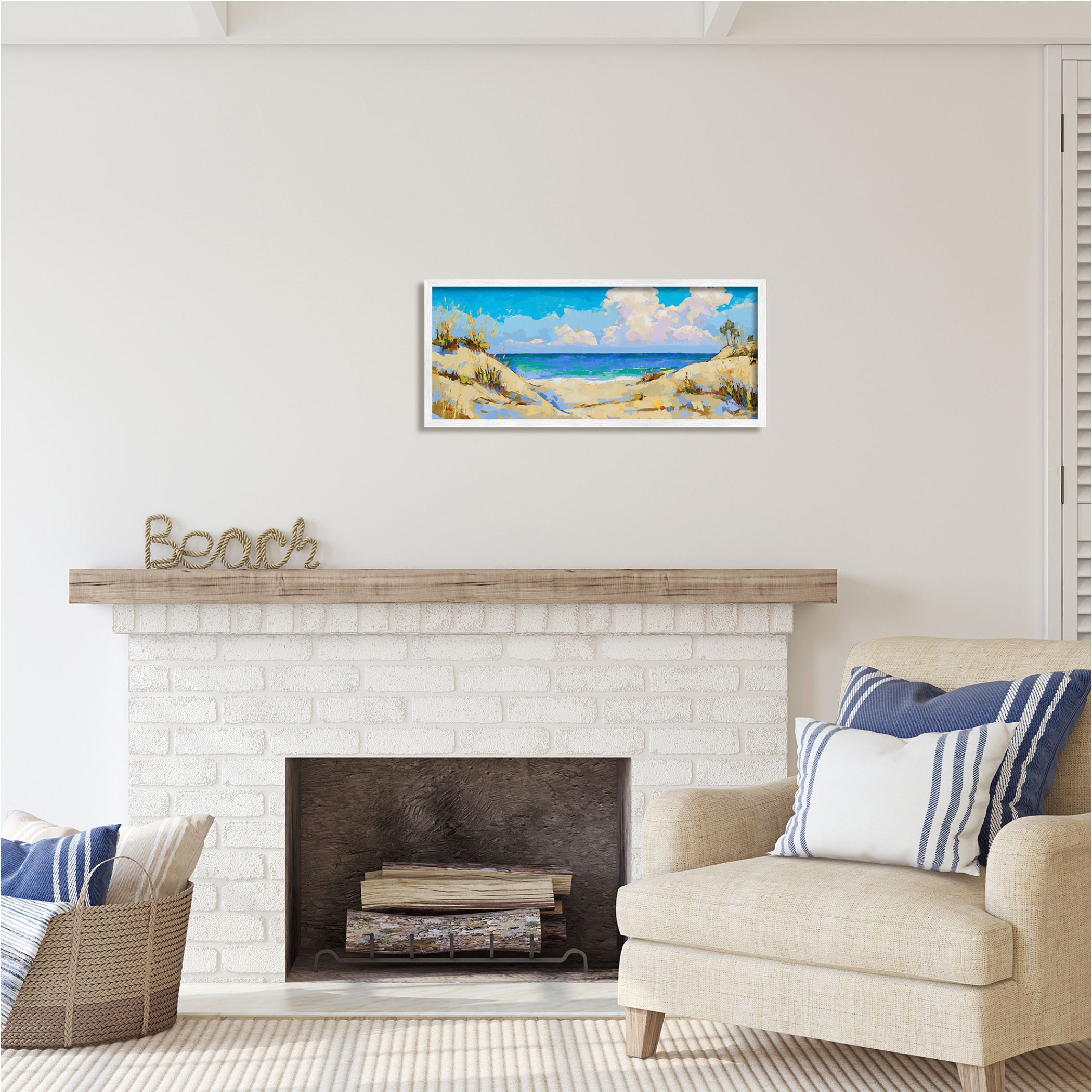 Stupell Industries Cloudy Beach Painting Nature Painting White Framed Art Print Wall Art, 30 x 13