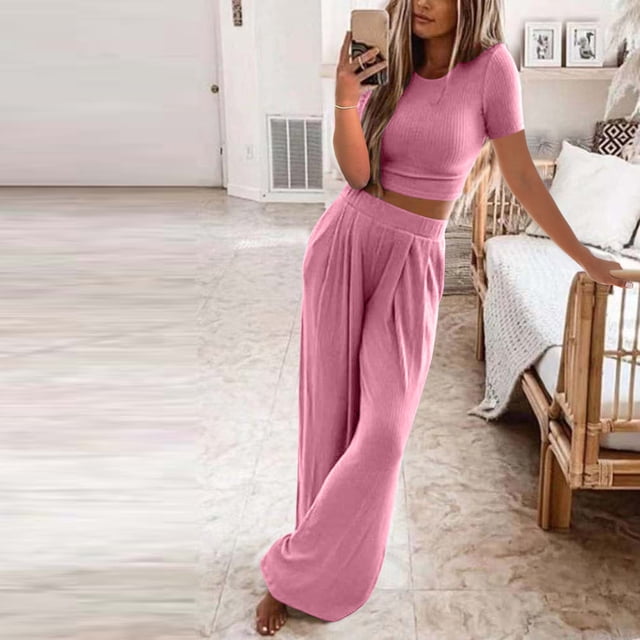 Fankiway Ensemble d'Été pour Femmes Manches Courtes Col Rond Hauts Pantalons Longs Confortables Vêtements de Maison Ensemble Deux Pièces Tenues d'Été pour Femmes 48 Pcs