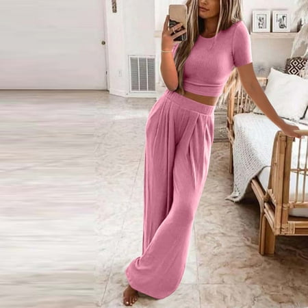 Brilliant 2 Piece Outfit for Women Plus Size Women s Summer Short Sleeve CrewNeck Tops Long Pants Comfortable Homewear Two-piece Set Pink XL