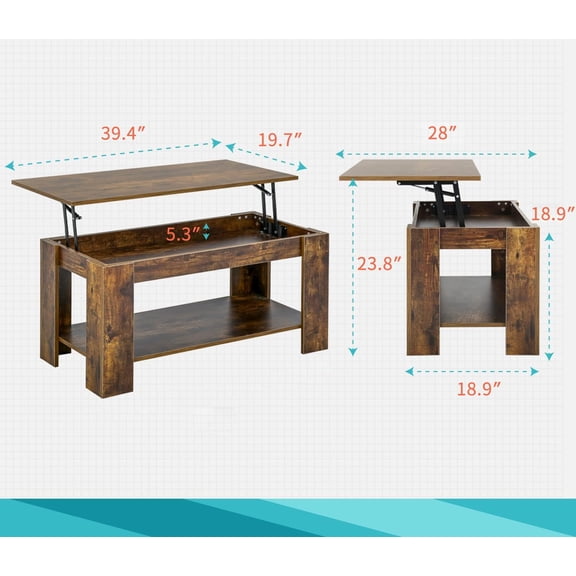 Lift Top Coffee Table with Hidden Compartment and Storage Shelf for Living Room, 39 Inch Brown