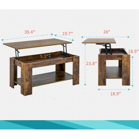 Lift Top Coffee Table with Hidden Compartment and Storage Shelf for Living Room, 39 Inch Brown