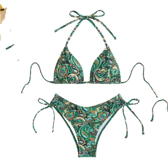 Delconic Women Paisley Print Triangle Bikini Set Adjustable Halter Top with Side Tie Swim Bottom Two Piece Swimwear