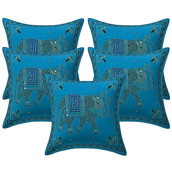 Stylo Culture Indian Settee Sofa Throw Pillow Covers 16 x 16 Gold Thread Embroidered Turquoise Ethnic 40x40 cm Home Decor Cotton Elephant Square Cushion Covers | Set Of 5