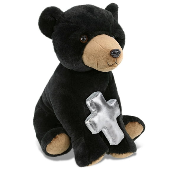 DolliBu Large Floppy Black Bear Stuffed Animal with Silver Cross Plush - Religious Baptism Gifts for Boys and Girls, Dedication Christening Gifts Plush Prayer Toy Healing Stuffed Animal - 12 Inches