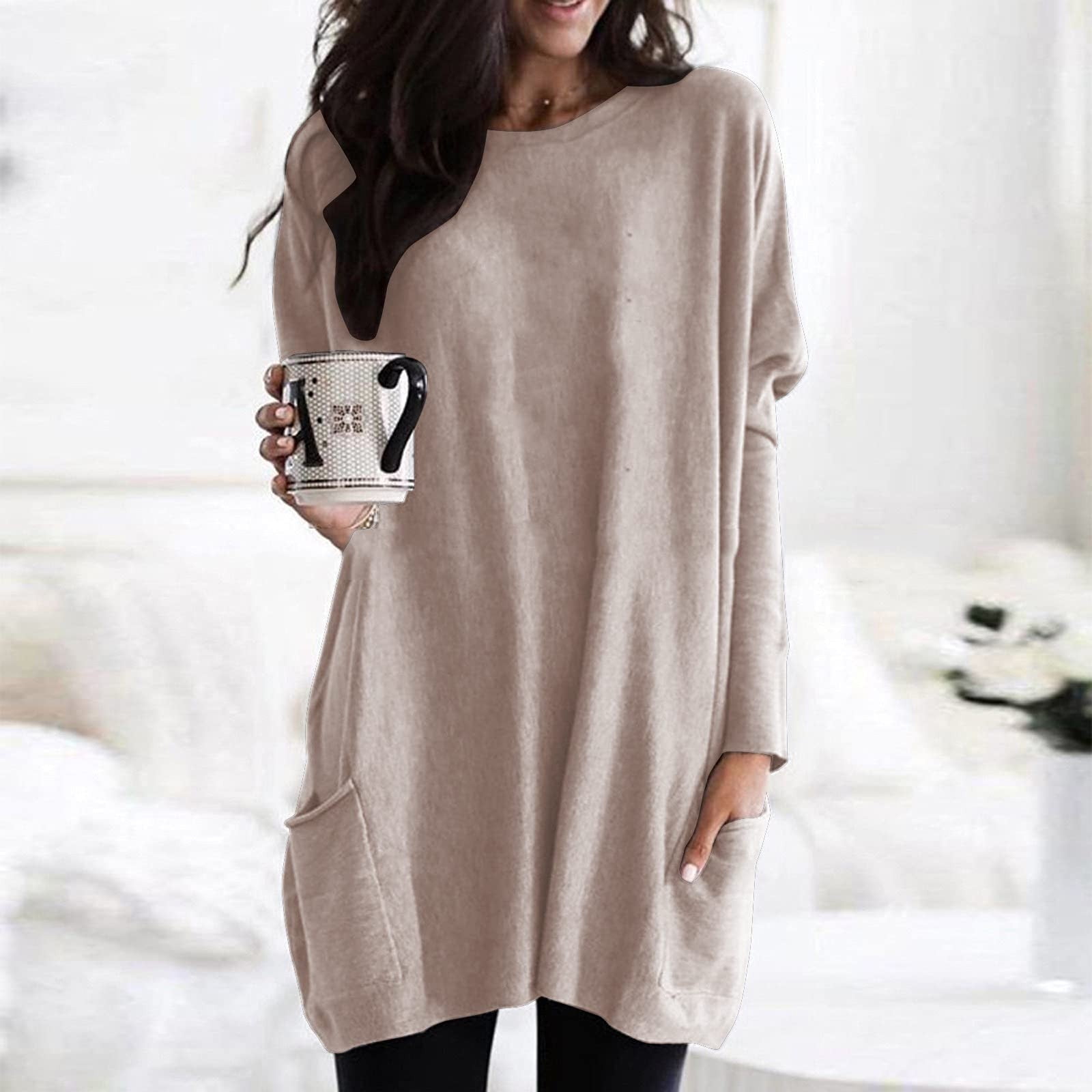 Tunic Tops to Wear with Leggings Round Neck Feather Graphic Comfy Flowy  Hide Belly Long Shirt Long Sleeve Shirts Dressy Plus Size Tops for Women  Beige