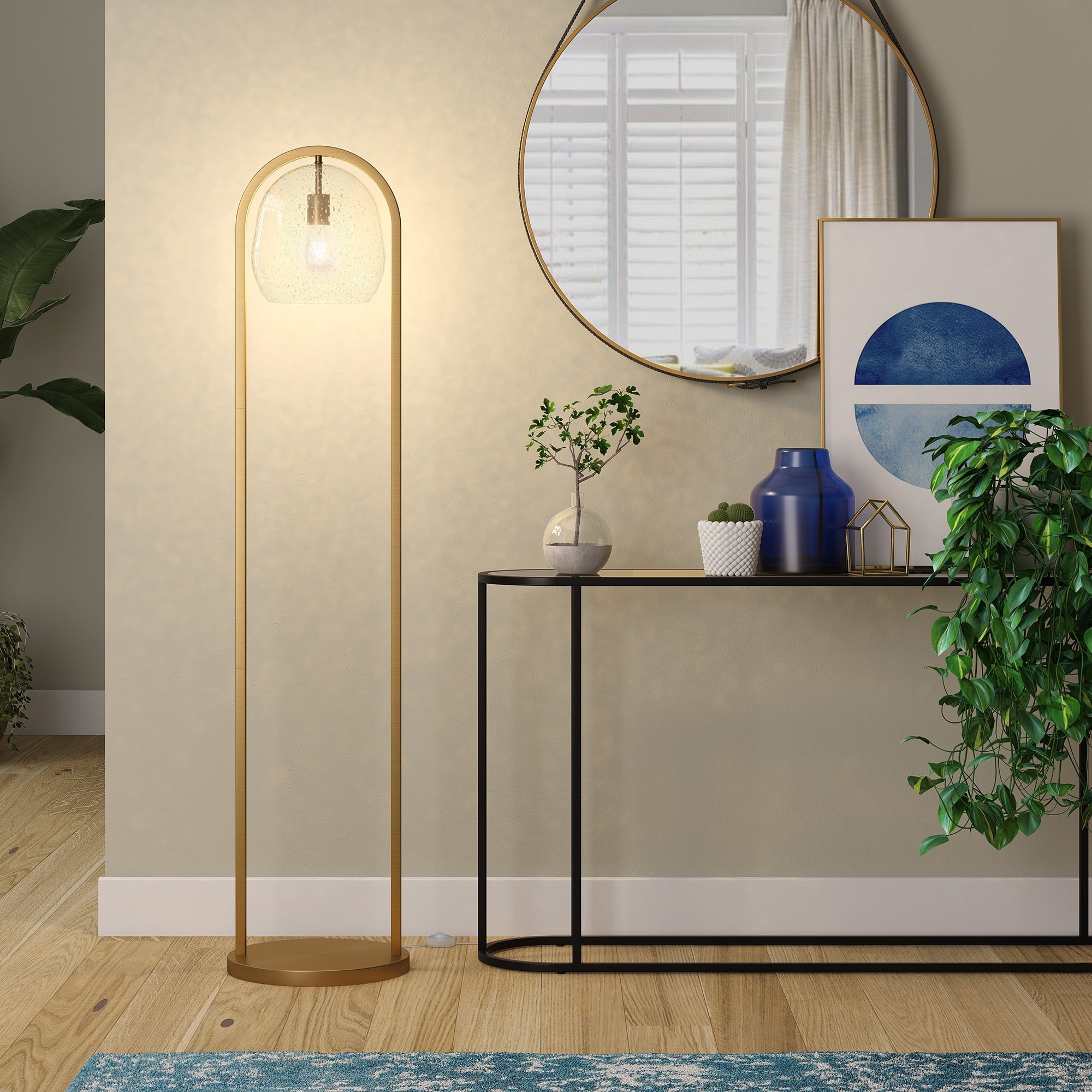 Evelyn&Zoe Sydney 64" Floor Lamp with Seeded Glass Shade, Brushed Brass
