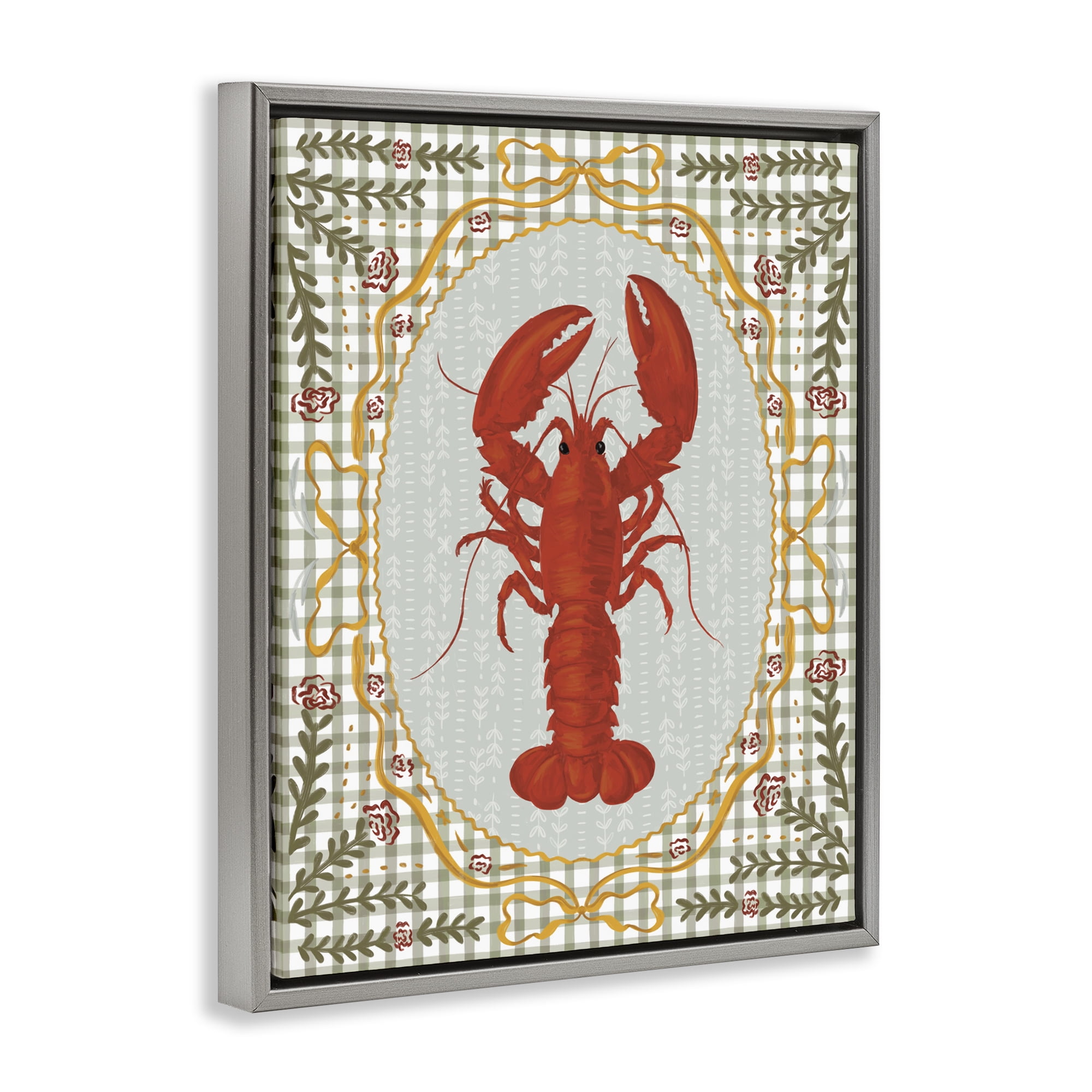 Stupell Industries Lobster with Gingham Kitchen Charm Gray Framed Floater Canvas Wall Art, design by Vero Illustrates