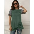 thumbnail image 3 of LELINTA Women Crew Neck Short Sleeve Stripes Leopard Print Casual Top, Green, 3 of 6