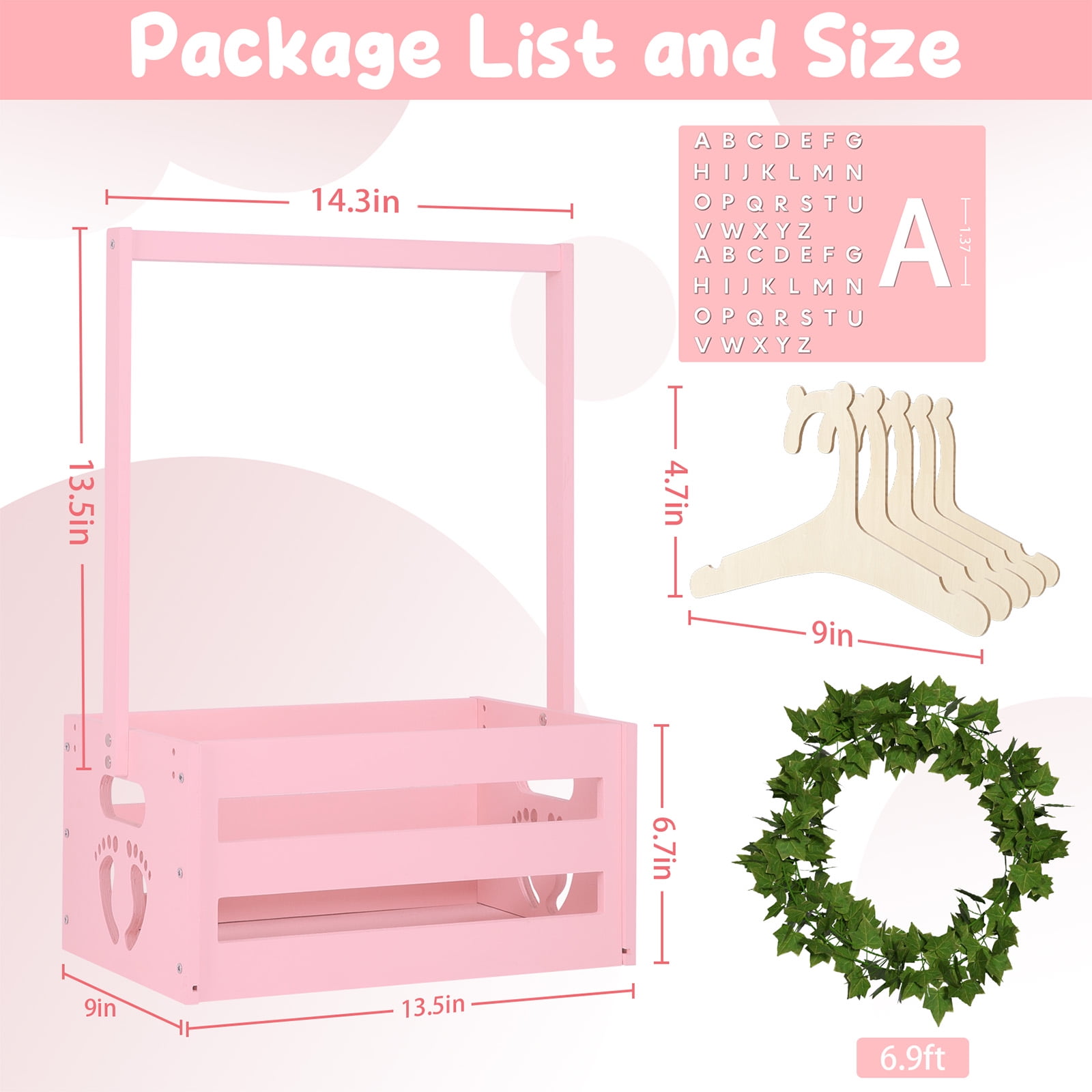 TeSabMi Baby Shower Gift Basket, Wooden Crate with Personalized Letters and Clothes Hangers, Newborn Gift Set (Pink)