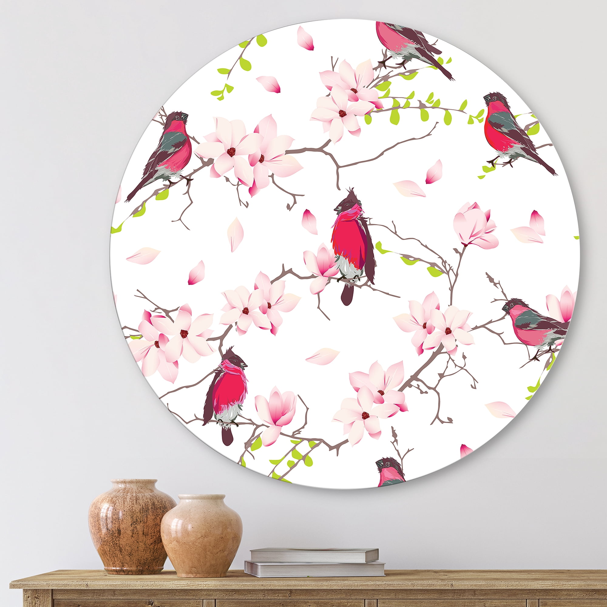 Designart 'Red Bullfinches Sitting On Magnolia Tree' Traditional Circle Metal Wall Art 11x11 - Disc of 11