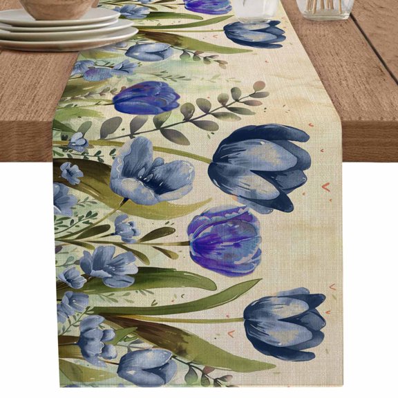 nqOlkjepod Blue Purple Spring Floral Table Runner 36 Inches Long Farmhouse Dress Scarves, Summer Botanical Tulip Vintage Dining Tablerunner for Coffee Table/Kitchen Island/Party, Small 13" x 36"