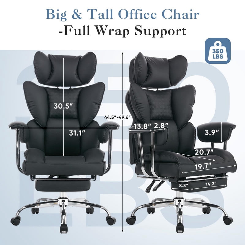 Simple Deluxe 350lbs Executive Heavy Duty Office Chair for Big & Tall, PU Leather Ergonomic Reclining Desk Chair with Footrest, Pocket Spring Cushion, Black