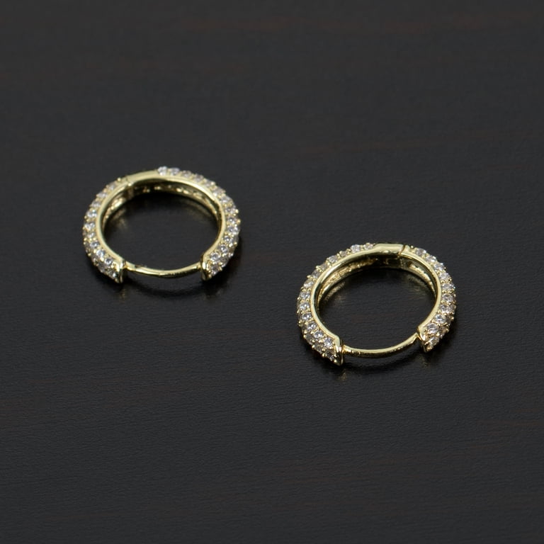 Men's Yellow Gold Plated Sterling Silver Huggie Hoop Earrings With Iced CZ Stones