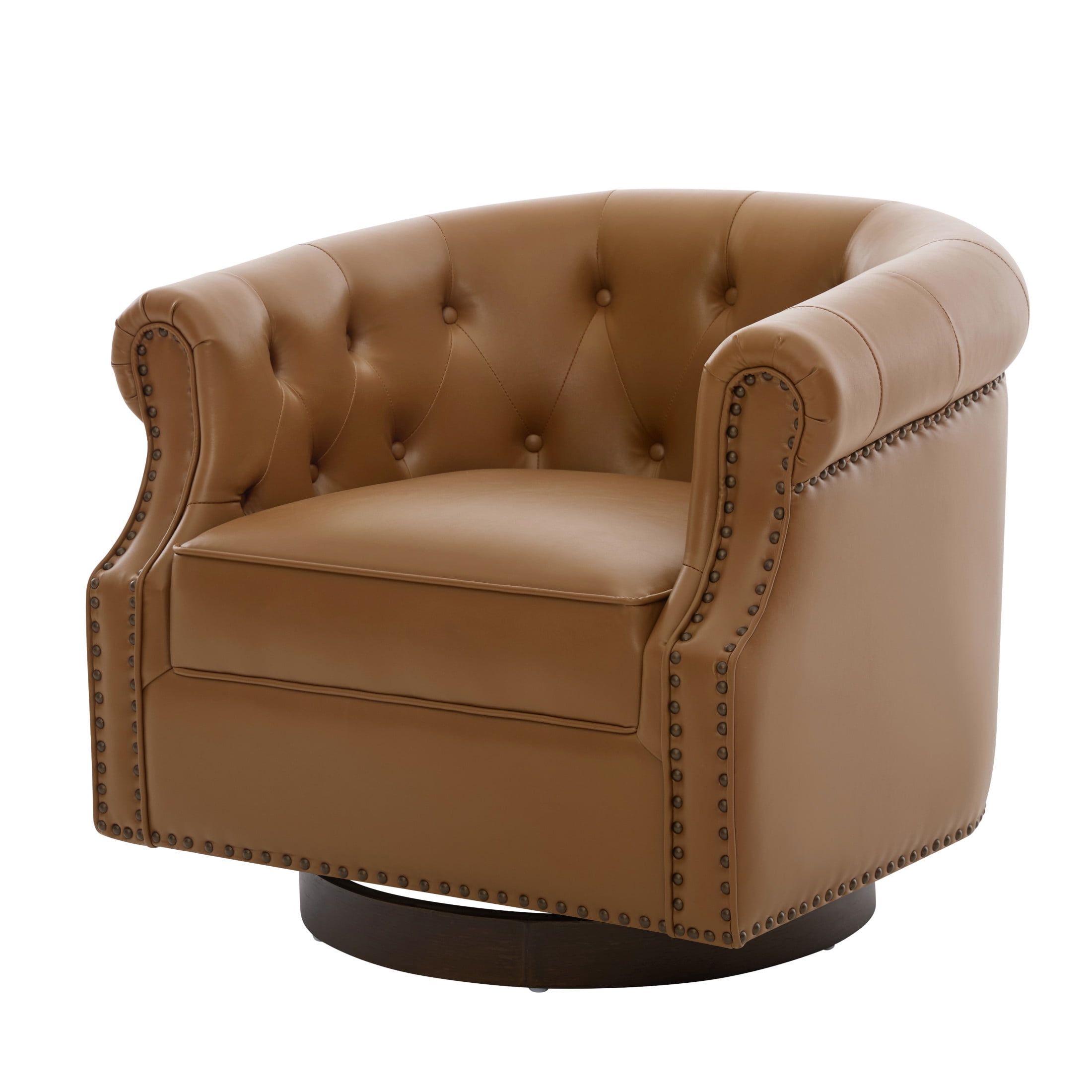 Christopher Knight Home 360° Swivel Modern Accent Chair, PU Leather Barrel Chair with Wood Base, Brown