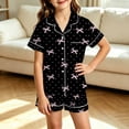 thumbnail image 2 of CAIVO 2 Piece Pajama Sets Girls Lapel Short Sleeve Button Down Shirt With Shorts Casual Loungewear Sleepwear For Toddler Kids Soft Breathable Summer Nightclothes Bowknot Printed Homewear, 2 of 4