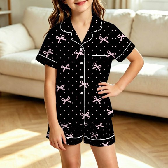WAYUTE Pajamas for Girls Short Sleeve Bow Dot Print Tee and Shorts Loungewear Pjs Set for Toddler Kids Home Outfits Casual Daily Wear