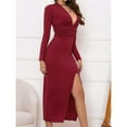 thumbnail image 4 of Vestido Elegante de Otoño para Mujer, con Escote en V Profundo, Larga y Abertura, para Invitadas A Bodas, Citas de Noche y Bailes de Graduación Vino Tinto M, 4 of 9