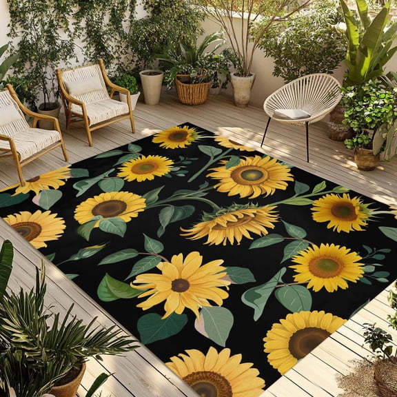 Sunflower Watercolor Outdoor Rug for Patio/Deck/Porch, Non-Slip Large Area Rug 6 x 9 Ft, Spring Botanical Garden Flowers Indoor Outdoor Rugs Washable Area Rugs, Reversible Camping Rug Carpet Runner