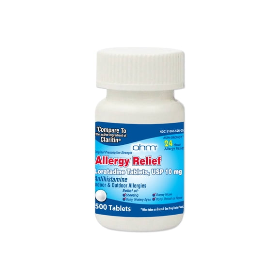 Loratadine usp 10 mg antihistamine allergy relief tablets by OHM - 500 Each