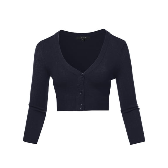 A2Y Women's Solid Cropped Bolero 3/4 Sleeve Button Down V-Neck Cardigan Sweater Navy 2XL