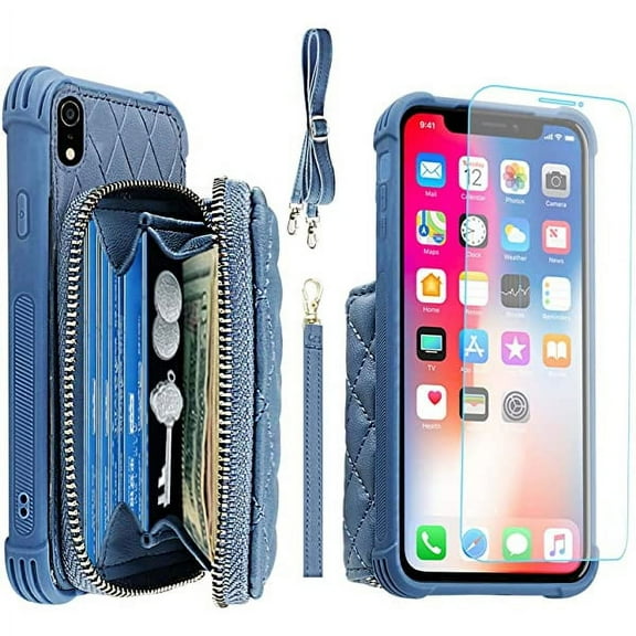 MONASAY Zipper Wallet Case for iPhone XR ,[Glass Screen Protector ][RFID Blocking]Flip Leather Handbag Phone Cover with Card Holder & Detachable Crossbody Shoulder Lanyard Strap for Apple iPhone XR
