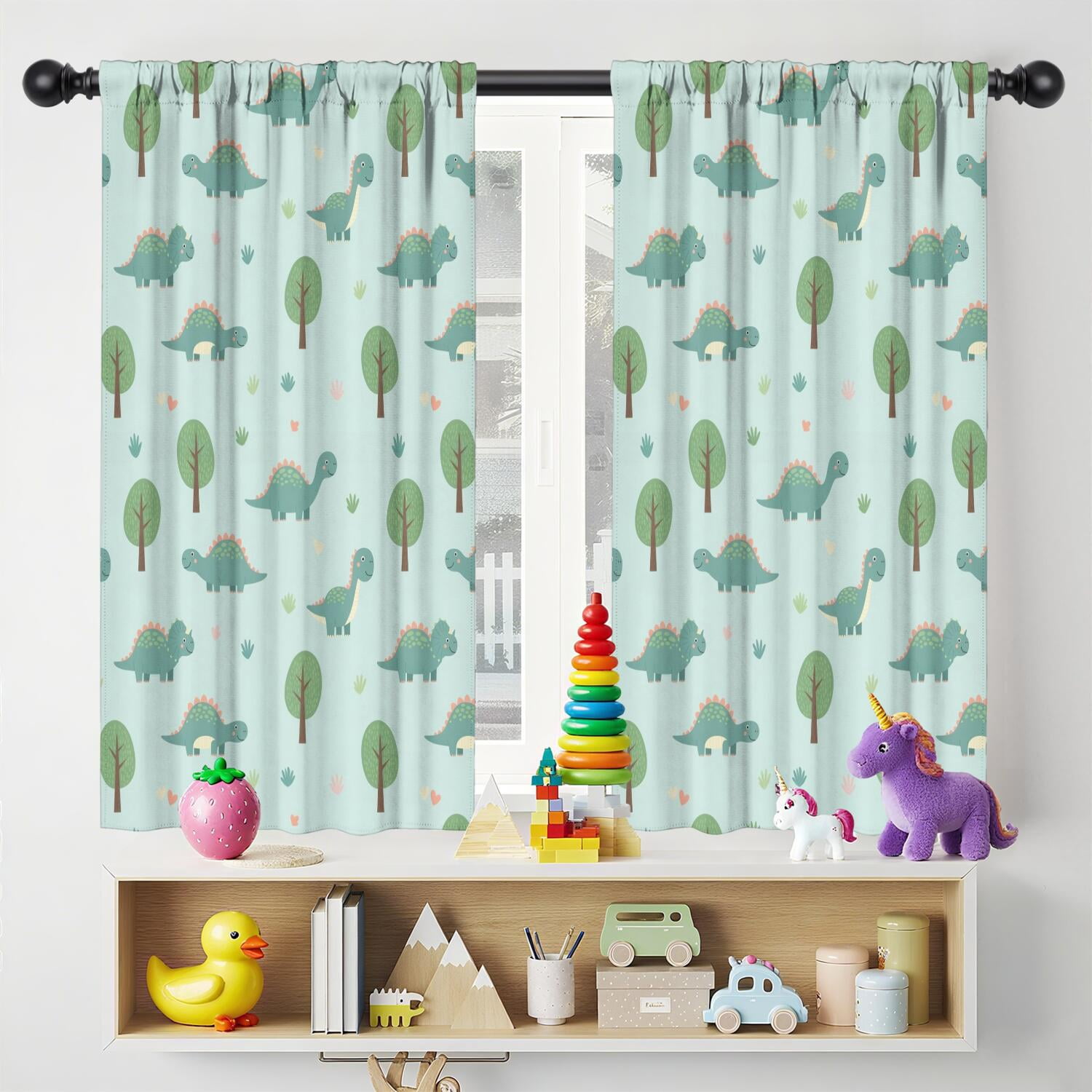 Blackout Kids Curtains,LightBlue Cartoon Dinosaurs Trees Pattern Childrens Insulated Curtains Set Of 2,Bedroom Essentials,Toddler Room Decor 42"x54"