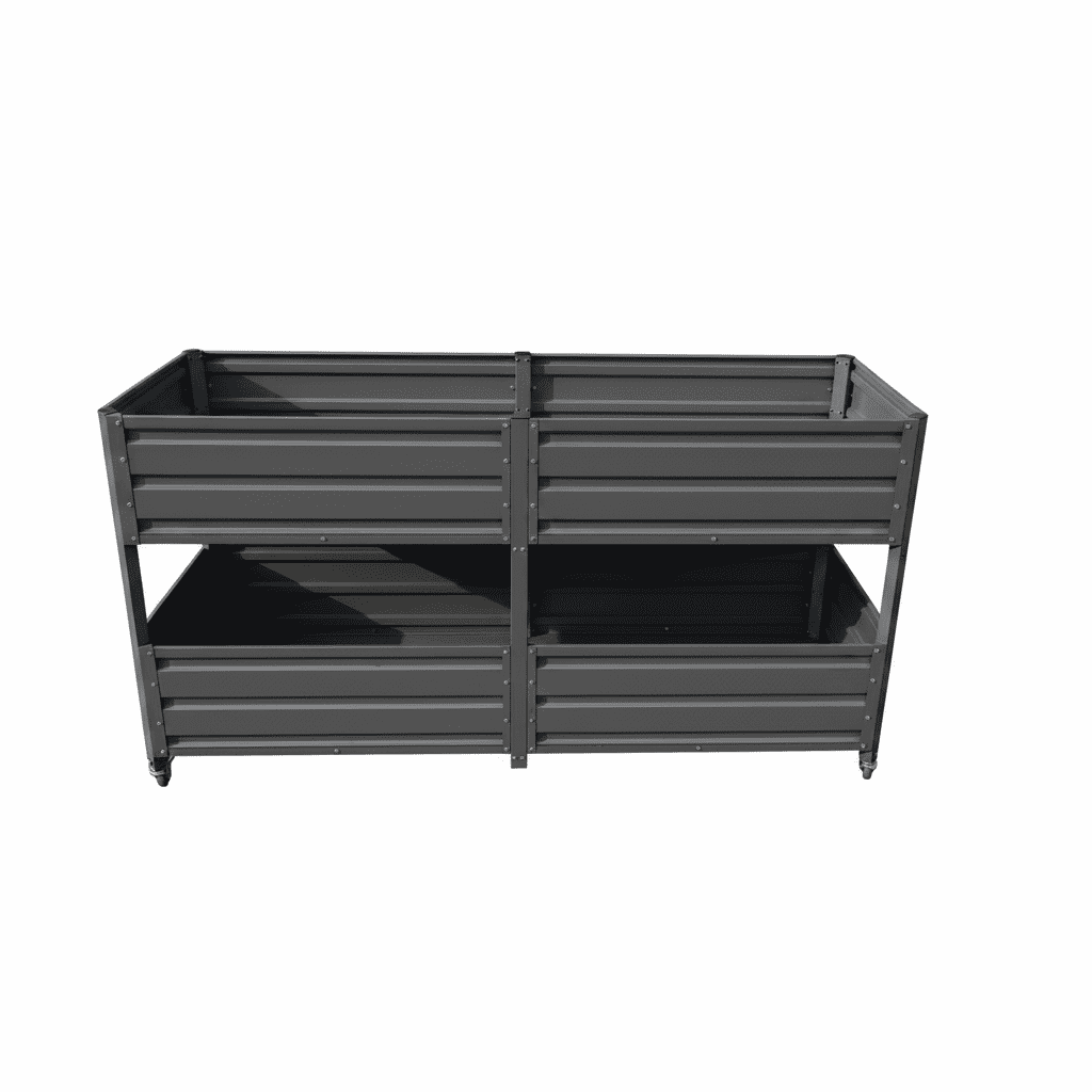 Dual Tier Elevated Metal Raised Garden Bed with Lockable Wheels, Staggered 2-Layer Raised Planter Box for Vegetables Herbs Flowers, Outdoor Patio Backyard Green Planting Bed, Grey