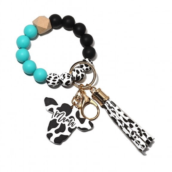 DESIGNICE Beaded Bracelet Keychain with Tassel & Wooden Cow Pendant – Wrist Strap Key Ring for Car Keys, Wallets, Handbags & Card Bags