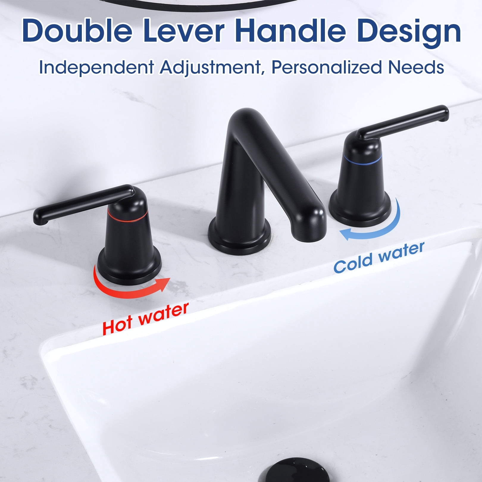 Wowkk 3 Hole Bathroom Faucet 2 Handle Widespread Bathroom Sink Faucet with Pop up Drain and Supply Lines, Brass Vanity Faucet for Rv Farmhouse Lavatory Restroom Sink, Matte Black
