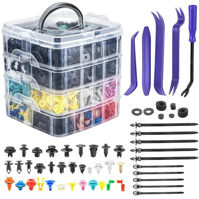 Car Retainer Clips & Fasteners Kit \u2013 32 Universal Sizes Nylon Bumper, Fender Rivets, Door Panel Clips, and Plastic Rivets with 10 Cable Ties and Removal Tool for Toyota, Ford (1240pcs Blue)