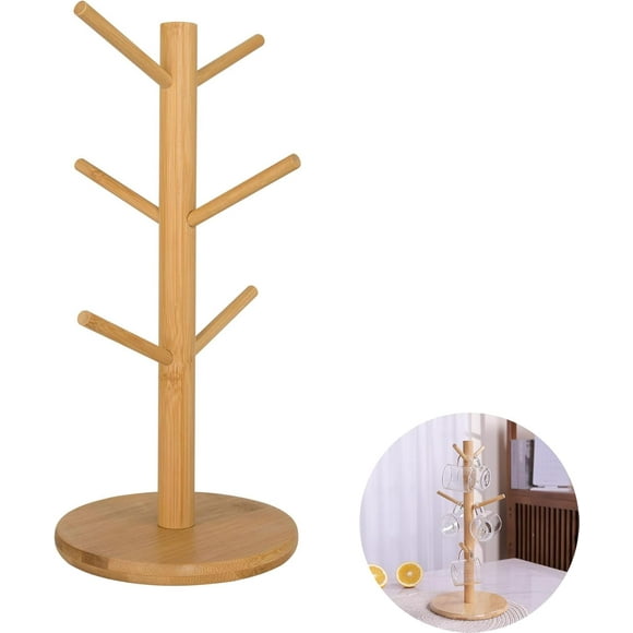 SUIXI Arbre à Tasses à Café Noir avec 6 Crochets, Élégant Support en Bois pour Comptoir, Porte-Tasses Polyvalent (Jaune)