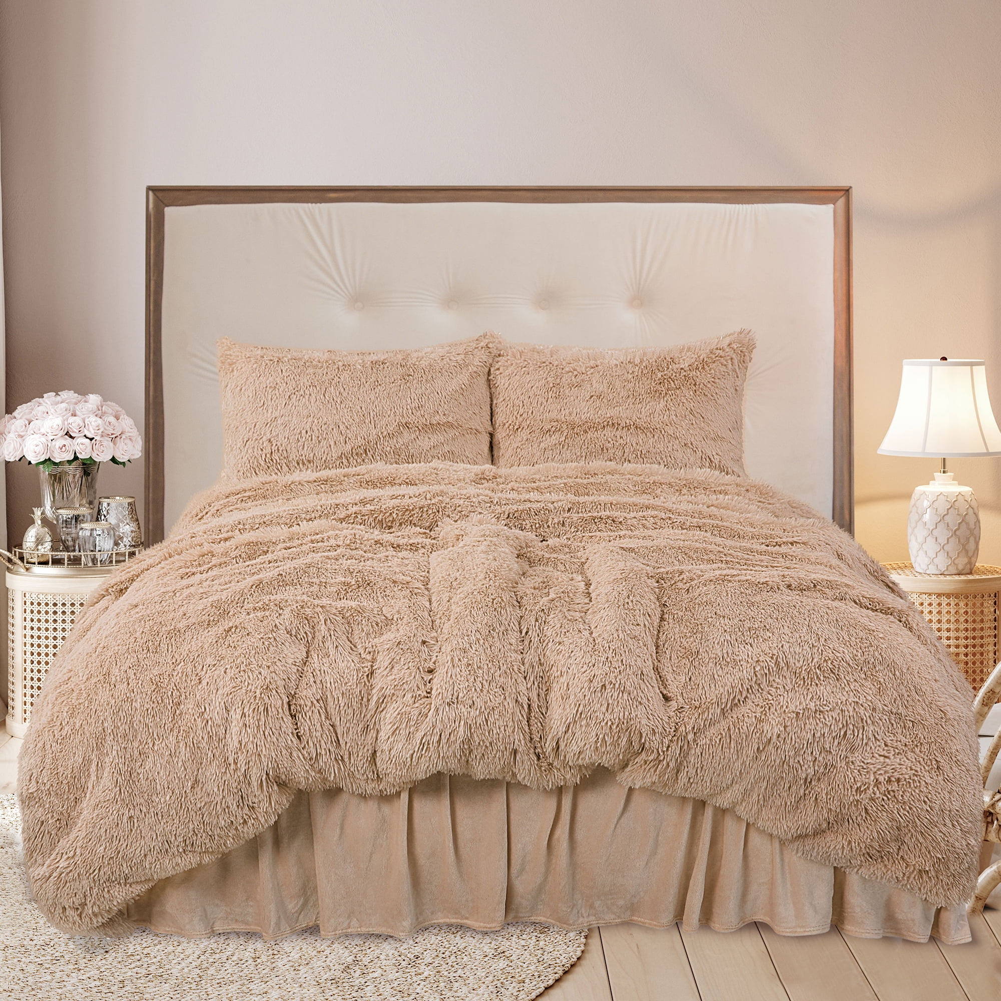 PiccoCasa Soft Plush Shaggy Duvet Cover Set with Velvet Bedskirt 4