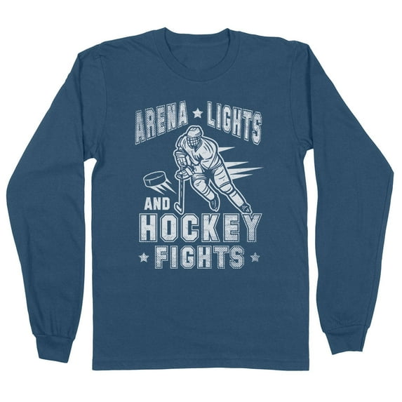 Arena Lights and Hockey Fights Long Sleeve Shirt Unisex Medium Indigo Blue