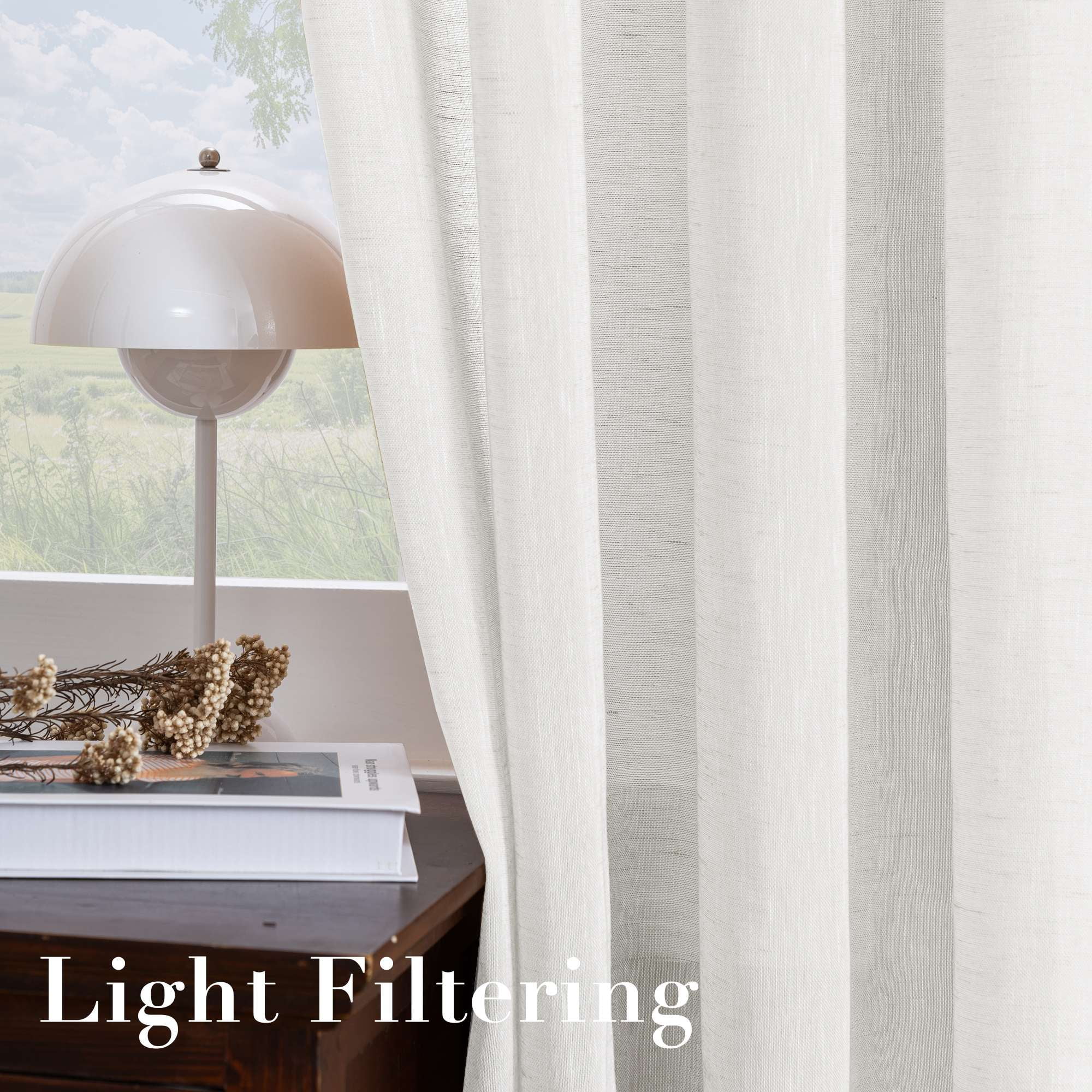 H.VERSAILTEX Farmhouse Natural Linen Sheer Curtains Flax Linen Blended Semi-Sheer Soft Privacy Grommet Drapes Set of 2 Panels for Bedroom , 52"x 96" ,White