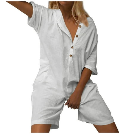 

Summer Jumpsuit for Women Short Rompers Casual Loose Button V Neck Shirts Onesie Cotton Linen Solid Jumpsuits