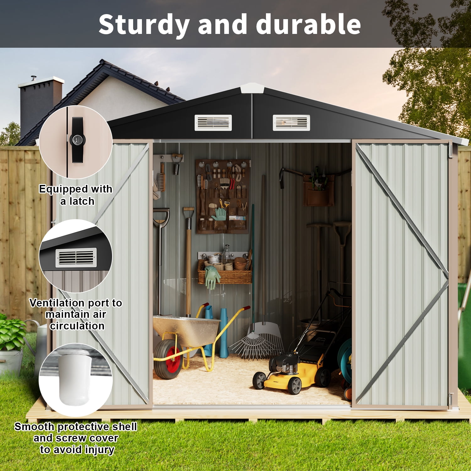 BaPiPro 6 x 4 ft Outdoor Storage Shed, Utility Steel Tool Room with Lockable Door, Galvanized Metal Shed with Air Vents for Garden, Backyard, Patio, Lawn