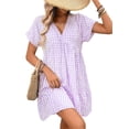 thumbnail image 2 of Women V Neck Plaid Flowy Babydoll Dresses Summer Short Sleeve Swing Shift Loose Casual Summer Mini Tunic Dress M, 2 of 9