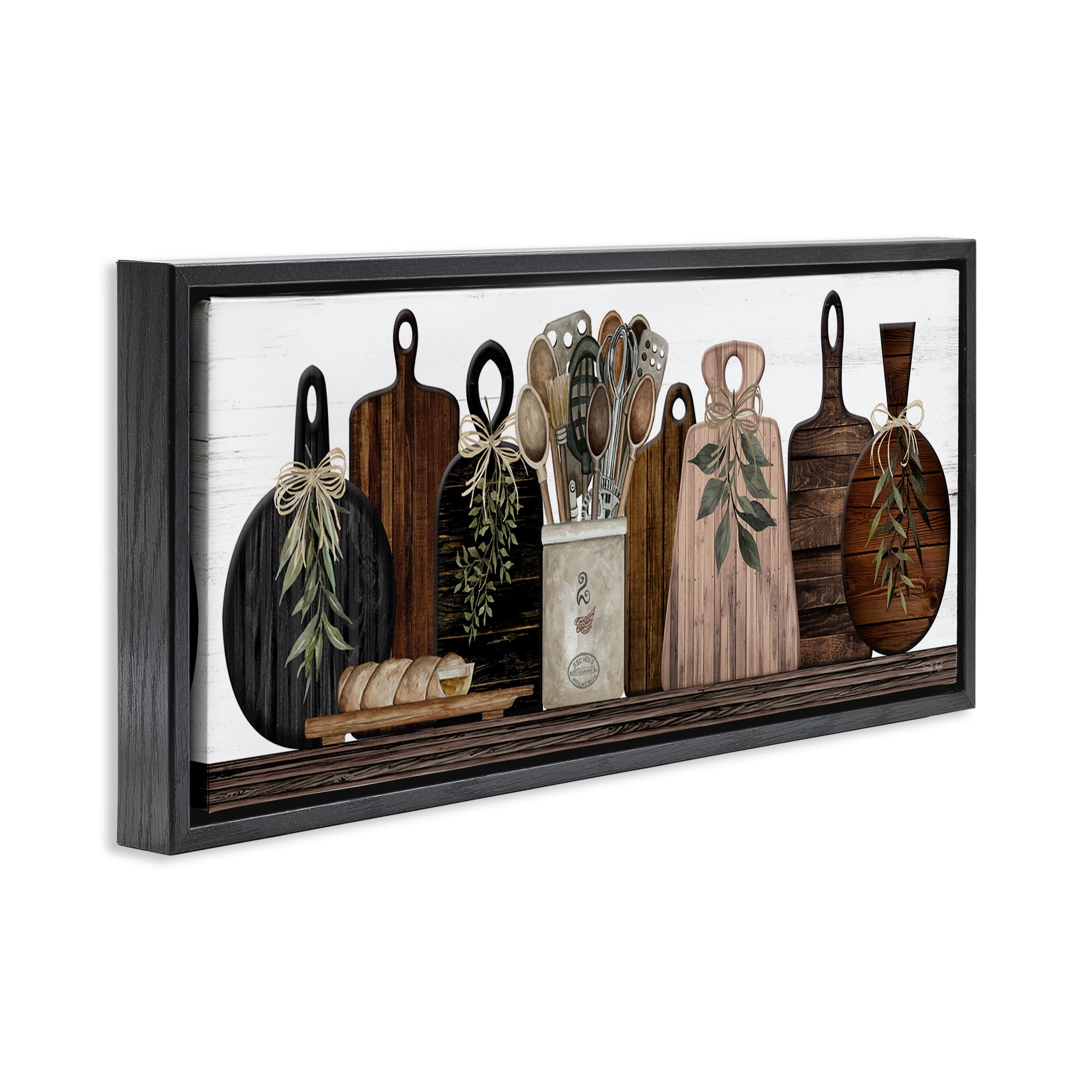 Stupell Industries Wooden Kitchen Items Food & Beverage Painting Black Floater Framed Canvas Art Print Wall Art, 25 x 11