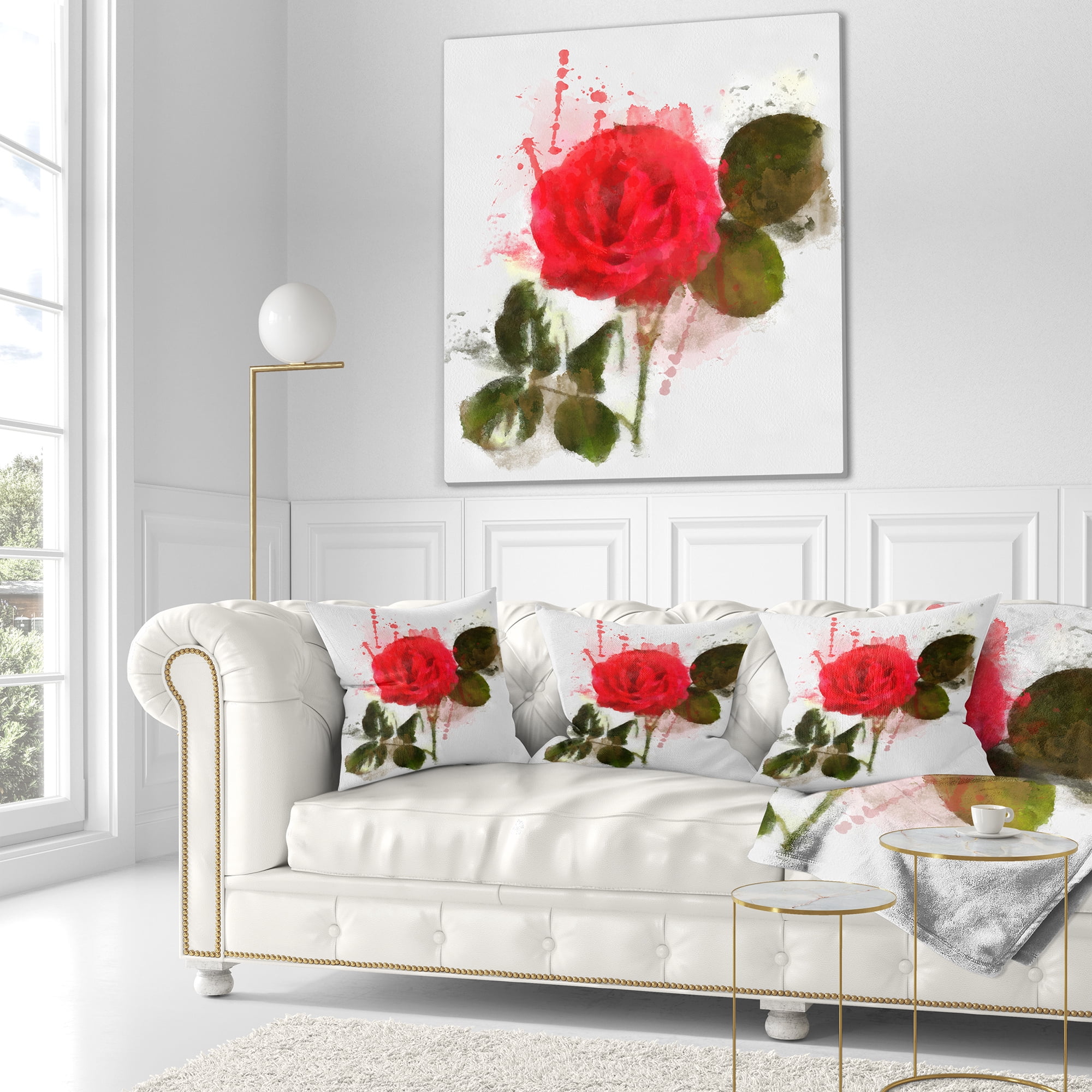 Designart Red Rose with Green Petals - Floral Throw Pillow - 16x16